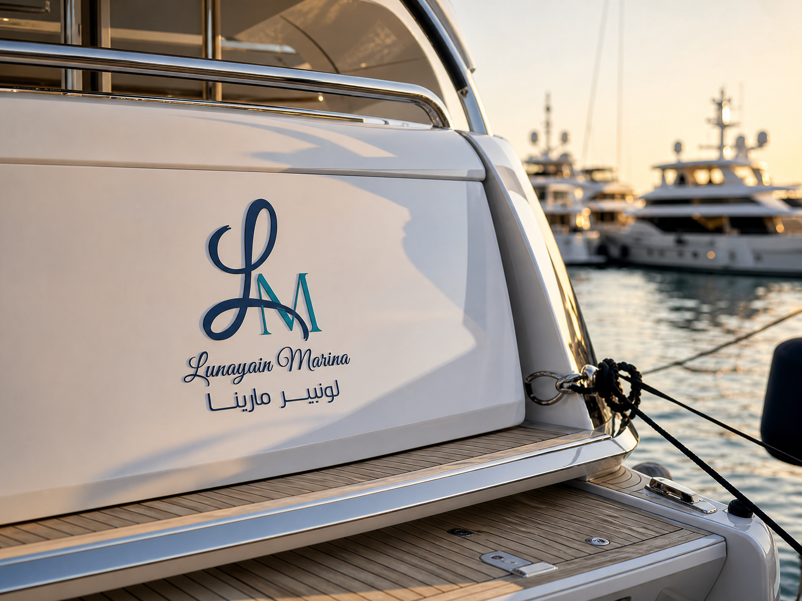 Luxury yacht berthed at dusk in a marina
